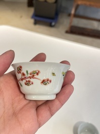 Seven Chinese famille rose cups and saucers, Yongzheng