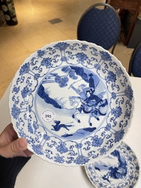 Three Chinese blue and white 'Mongolian hunt' plates, Chenghua mark, Kangxi