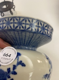 A Chinese blue and white basket-shaped vase on wooden stand, Yongzheng mark, 19/20th C.