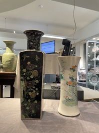 A square Chinese famille noire vase and a famille verte 'gu' vase, Kangxi mark, 19th C.