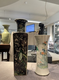 A square Chinese famille noire vase and a famille verte 'gu' vase, Kangxi mark, 19th C.