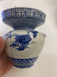 A Chinese blue and white basket-shaped vase on wooden stand, Yongzheng mark, 19/20th C.