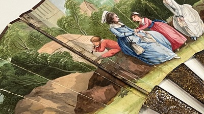 &Eacute;ventail en argent filigrane dor&eacute; &agrave; sujet romantique en aquarelle sur papier, Canton, Chine, 18/19&egrave;me