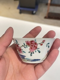 Seven Chinese famille rose cups and saucers, Yongzheng