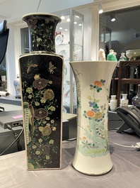 A square Chinese famille noire vase and a famille verte 'gu' vase, Kangxi mark, 19th C.