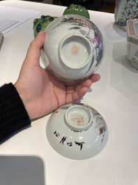 Vier Chinese famille rose en qianjiang cai kommen en een paar appels, 19/20e eeuw