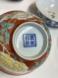 Five various Chinese famille rose and coral-red bowls, 19/20th C.