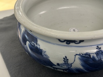 A Chinese blue and white tripod censer with figures in a mountainous landscape, Kangxi