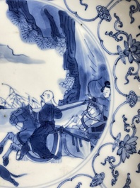 Three Chinese blue and white 'Mongolian hunt' plates, Chenghua mark, Kangxi