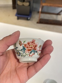 Seven Chinese famille rose cups and saucers, Yongzheng