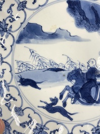 Three Chinese blue and white 'Mongolian hunt' plates, Chenghua mark, Kangxi