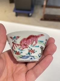 Seven Chinese famille rose cups and saucers, Yongzheng