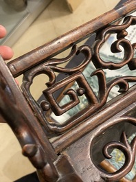 A Chinese famille verte plaque mounted in a wooden table screen, signed Li Huan 李澣, dated 1924