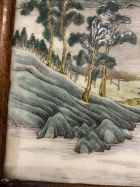 A Chinese famille verte plaque mounted in a wooden table screen, signed Li Huan 李澣, dated 1924