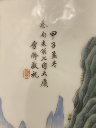A Chinese famille verte plaque mounted in a wooden table screen, signed Li Huan 李澣, dated 1924