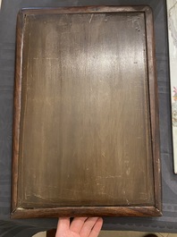 A Chinese famille verte plaque mounted in a wooden table screen, signed Li Huan 李澣, dated 1924