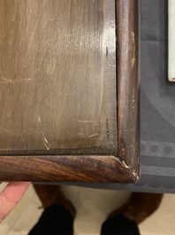 A Chinese famille verte plaque mounted in a wooden table screen, signed Li Huan 李澣, dated 1924