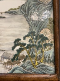 A Chinese famille verte plaque mounted in a wooden table screen, signed Li Huan 李澣, dated 1924