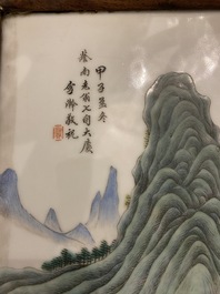 A Chinese famille verte plaque mounted in a wooden table screen, signed Li Huan 李澣, dated 1924