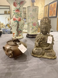 A Chinese bronze Buddha and a peach-shaped incense burner, Ming and Qing
