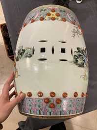 A Chinese famille rose garden seat with ladies in a garden, 20th C.
