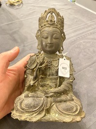 A Chinese bronze Buddha and a peach-shaped incense burner, Ming and Qing