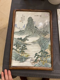 A Chinese famille verte plaque mounted in a wooden table screen, signed Li Huan 李澣, dated 1924