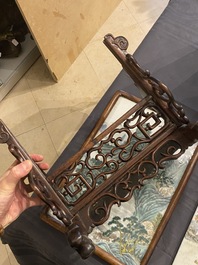 A Chinese famille verte plaque mounted in a wooden table screen, signed Li Huan 李澣, dated 1924