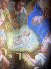 Italian school: 'A nativity scene', reverse glass painting, 18th C.