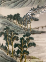 A Chinese famille verte plaque mounted in a wooden table screen, signed Li Huan 李澣, dated 1924
