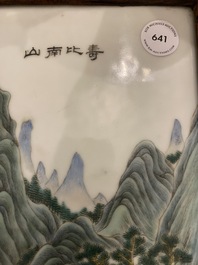 A Chinese famille verte plaque mounted in a wooden table screen, signed Li Huan 李澣, dated 1924