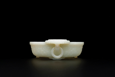 An important Chinese chrysanthemum-shaped very pale celadon jade marriage bowl, 18th C.