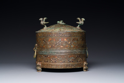 A rare Chinese archaic silver-inlaid bronze cosmetic box and cover, 'lian', Western Han