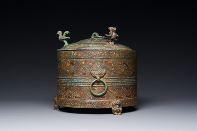 A rare Chinese archaic silver-inlaid bronze cosmetic box and cover, 'lian', Western Han