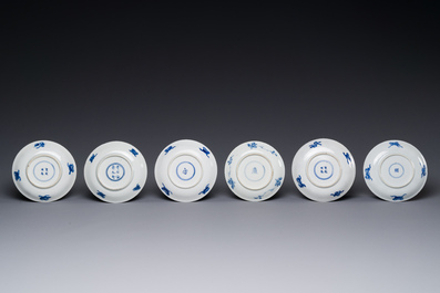 Six Chinese blue and white 'Long Eliza' cups and saucers, various marks, Kangxi