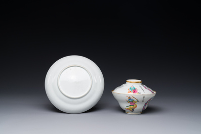 Een Chinese famille rose 'Wu Shuang Pu' dekselkom, vier deksels en een schotel, Daoguang/Xianfeng