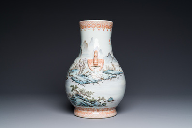A Chinese famille rose 'hu' vase with mountainous landscape, signed Wang Xiaoting 汪小亭, dated 1943