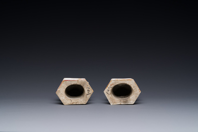 Two Chinese verte biscuit figures on stands, Kangxi