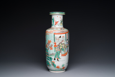 A Chinese famille verte rouleau vase with narrative design, 19th C.