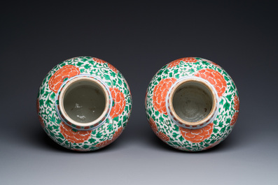 A pair of Chinese famille verte 'Buddhist lion' vases with gilt bronze mounts, Kangxi