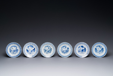 Six Chinese blue and white 'acupuncture' saucers, Kangxi