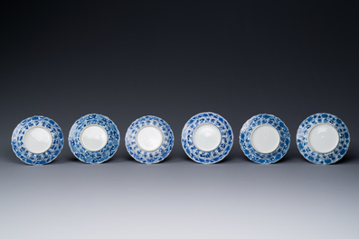 Six Chinese blue and white 'acupuncture' saucers, Kangxi