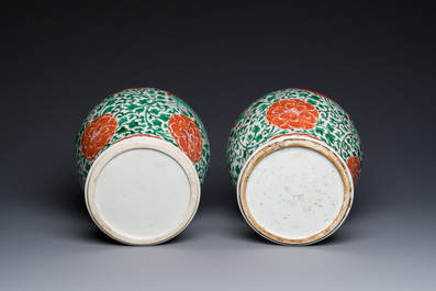A pair of Chinese famille verte 'Buddhist lion' vases with gilt bronze mounts, Kangxi