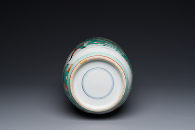 A Chinese famille verte rouleau vase with narrative design, 19th C.