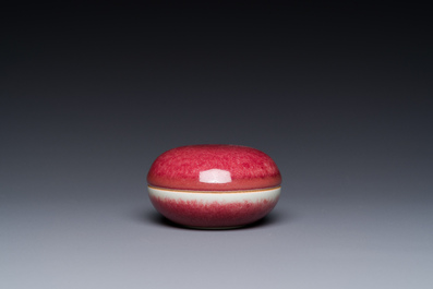 A Chinese monochrome copper-red-glazed box and cover, Kangxi mark, 20th C.