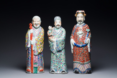 Three Chinese famille rose figures of star gods, seal marks, 19/20th C.