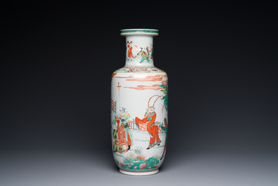 A Chinese famille verte rouleau vase with narrative design, 19th C.
