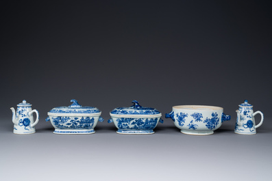 A pair of Chinese blue and white miniature chocolate jugs and three tureens, Qianlong