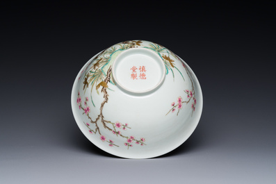 A Chinese famille rose 'plum blossom' bowl, Shen De Tang Zhi 慎德堂製 mark, 19/20th C.