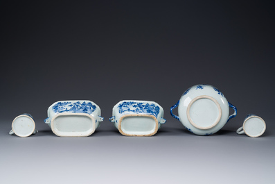 A pair of Chinese blue and white miniature chocolate jugs and three tureens, Qianlong